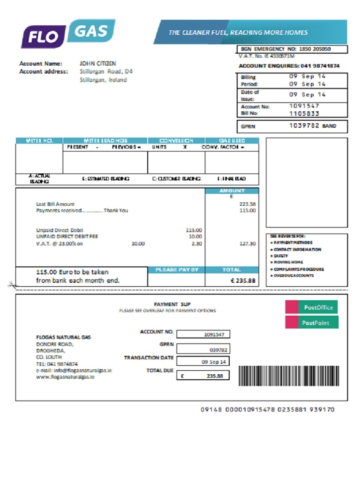 Ireland Flogas Natural Gas utility bill